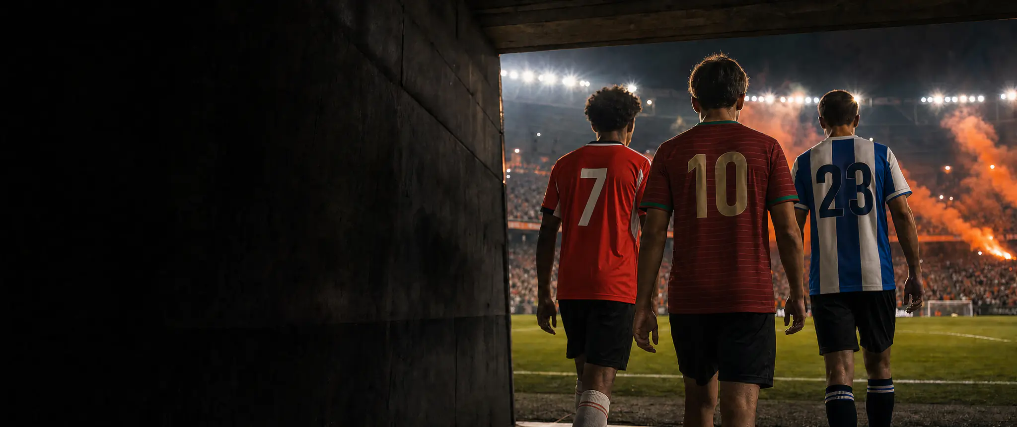 Três jogadores de costas com as camisolas de Benfica, Portugal e FC Porto saem do túnel do estádio à noite